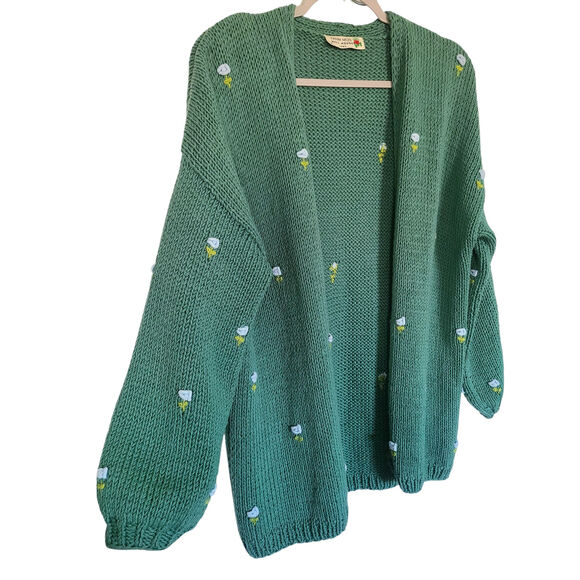 Fanm Mon x Hill House Winter Bloom Blue Rose Cardigan Sweater Green Size 0 XS Sm - Picture 3 of 6